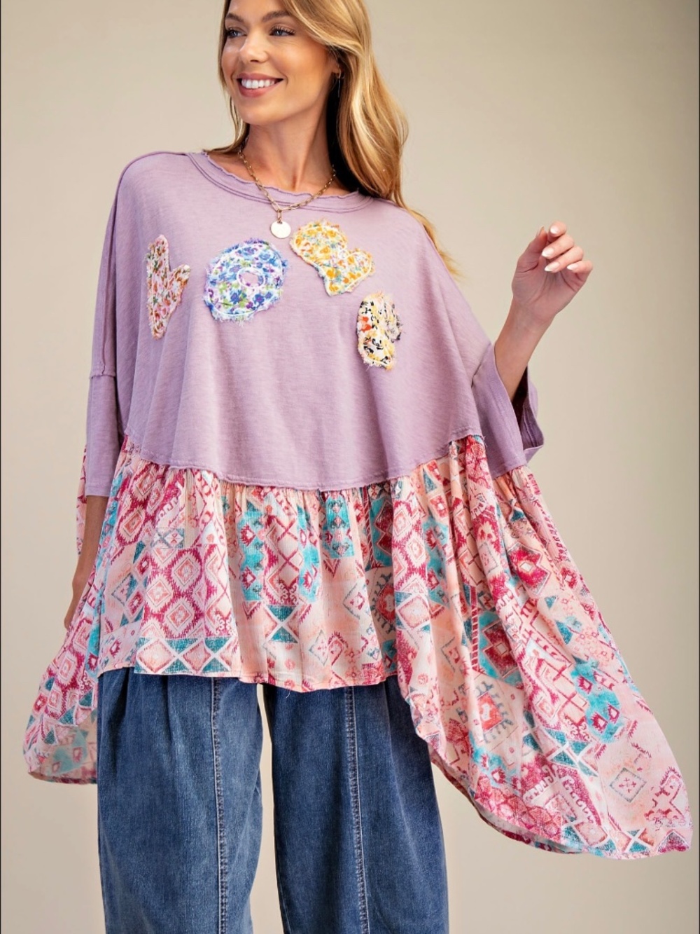 Easel Floral Love Patchwork Short Sleeve Loose Fit Top